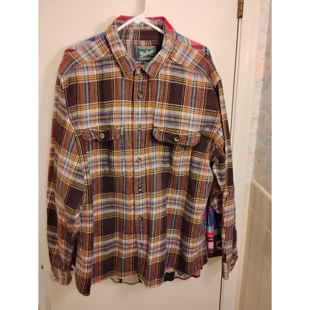 Woolrich Flannel Shirt Mens Large Brown Plaid Heavy 100% Cotton